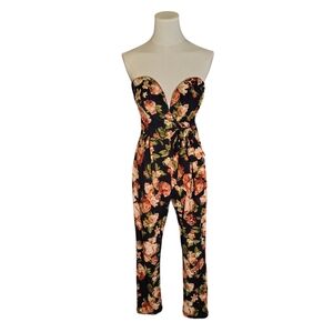 Trac Black Pink Green Rose Floral Strapless Scalloped Plunging Romper Size Small